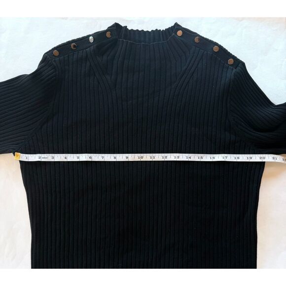 St John Women's Black Knit Ribbed Mock Neck Long Sleeve Top with Button Shoulder - Picture 7 of 8